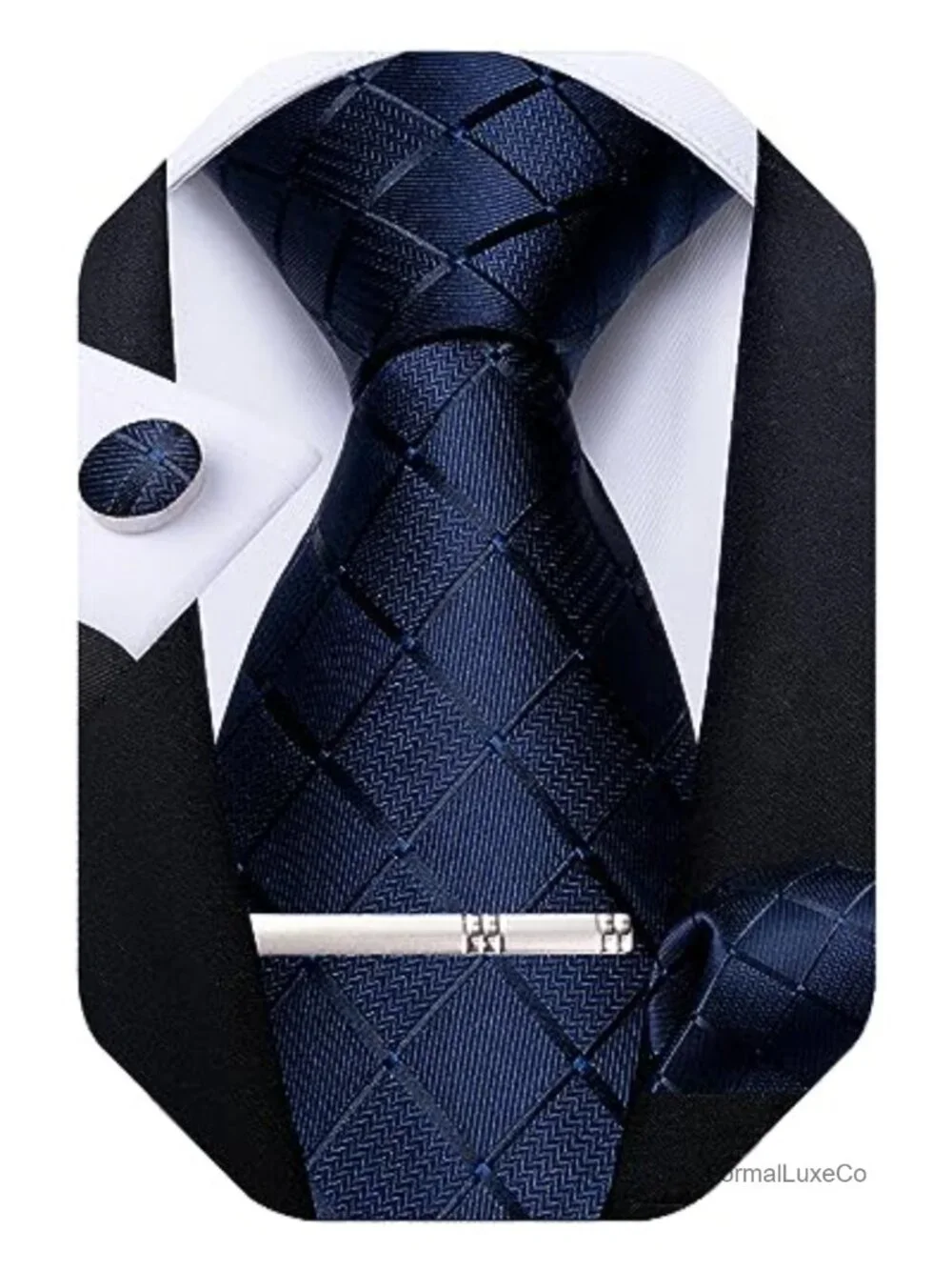 Silk Plaid Necktie Set with Pocket Square Cufflinks Tie Clip Gift Box Wedding